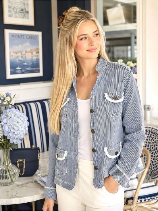 Ami Jackets & Blazers - Y2K Ami Blue Striped Cotton Denim Jacket Blazer Pocket Lace Details S